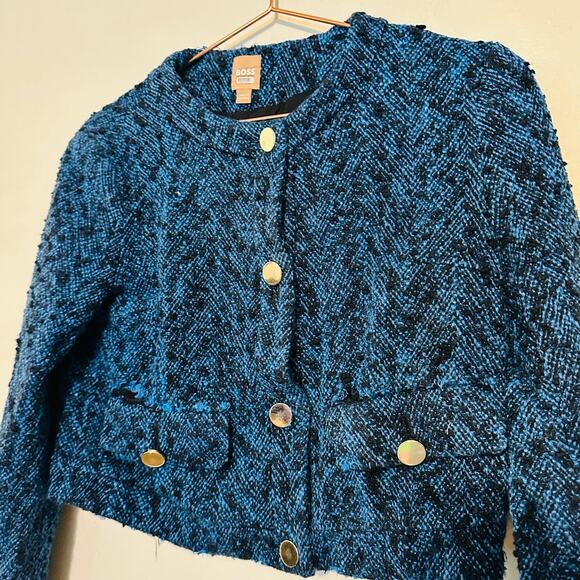 BOSS Royal Blue Tweed Blazer Gold Button Distressed Janoa Jacket Size US 2 - Picture 8 of 14